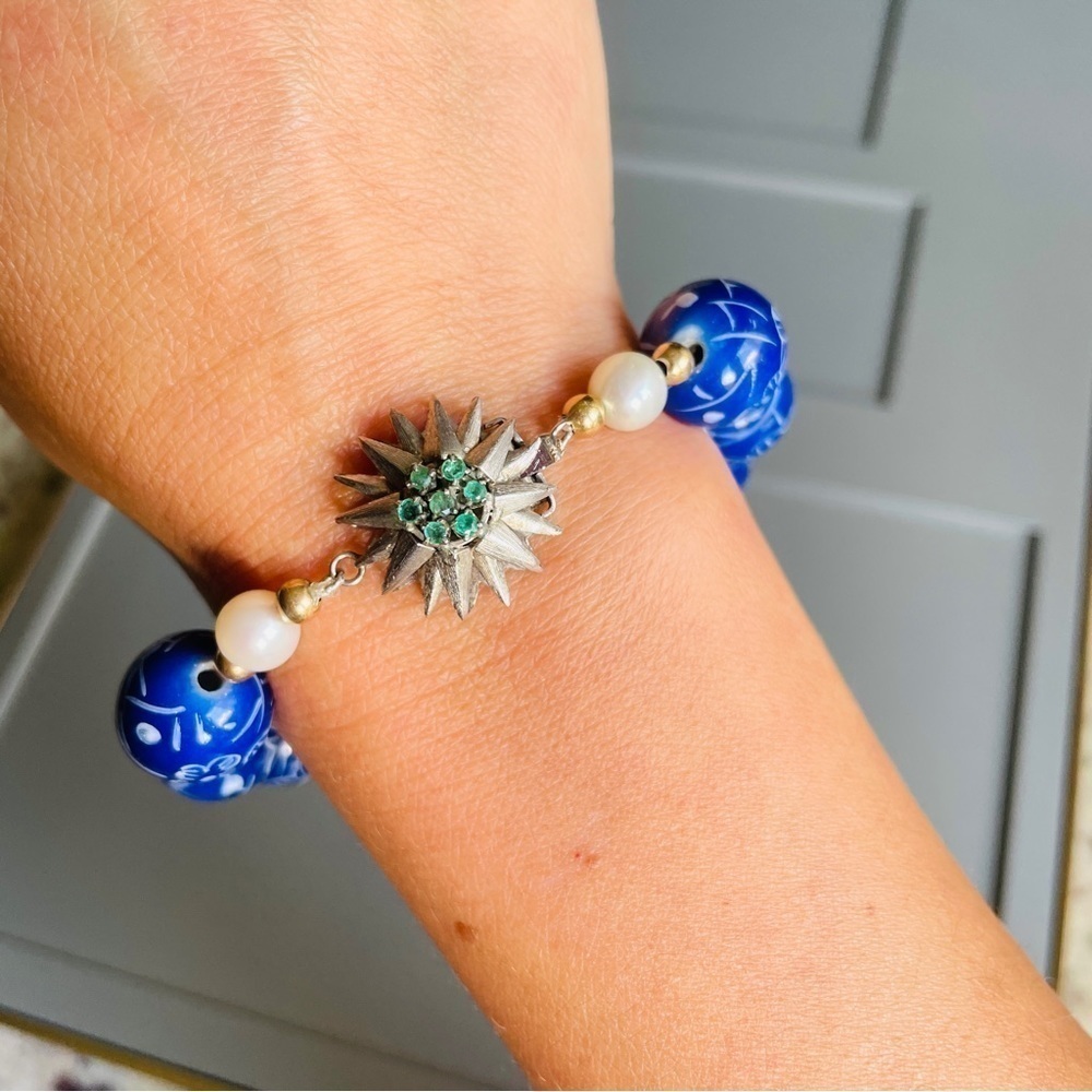 14K White Gold Emerald Pearl CHINESE Blue Floral Porcelain Bead Bracelet… - Picture 9 of 10
